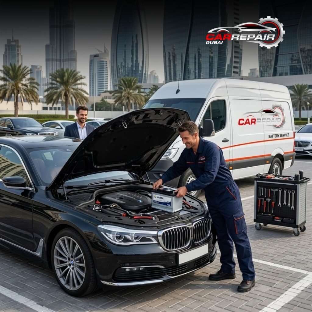 Mobile mechanic replacing a car battery in Dubai Business Bay