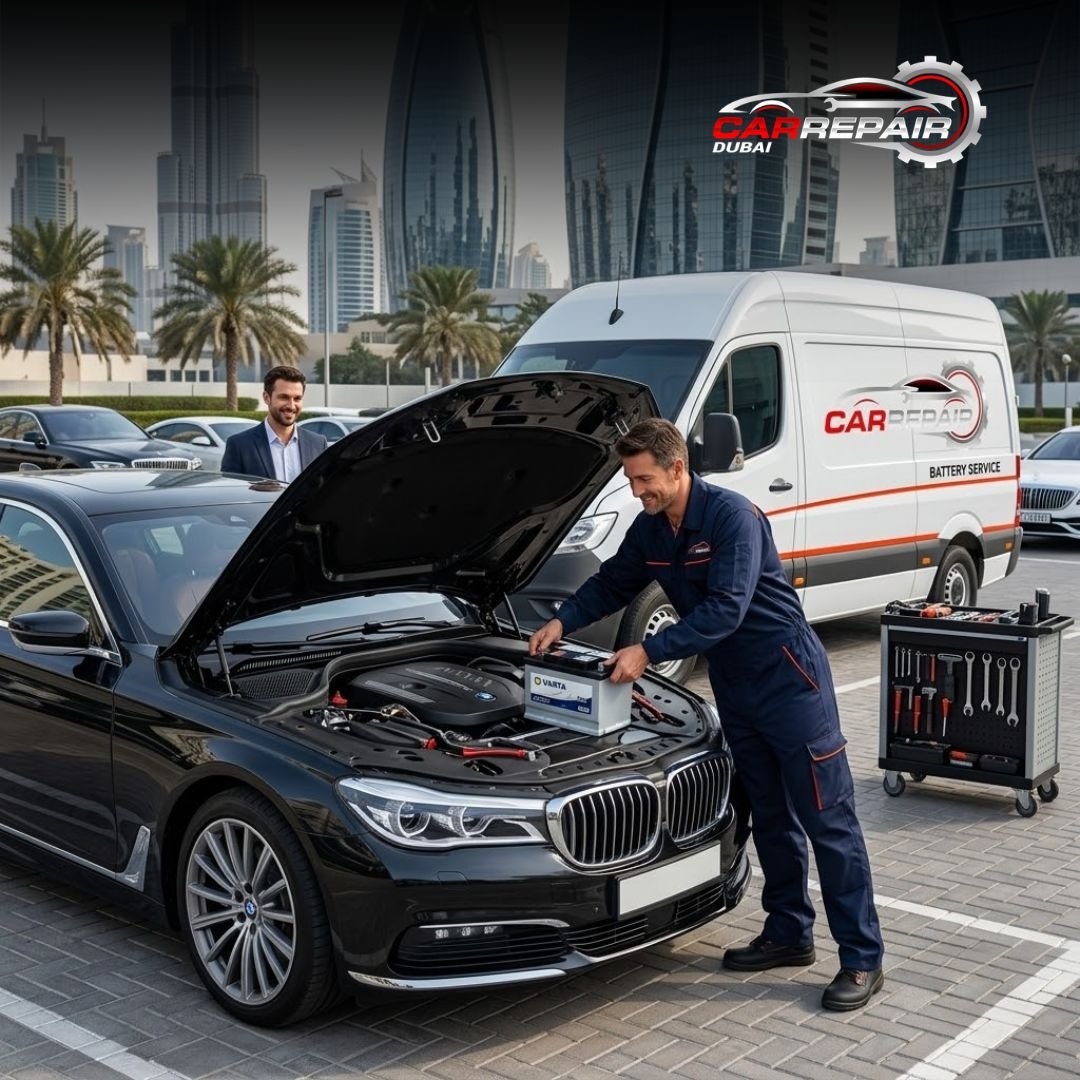 Mobile mechanic replacing a car battery in Dubai Business Bay