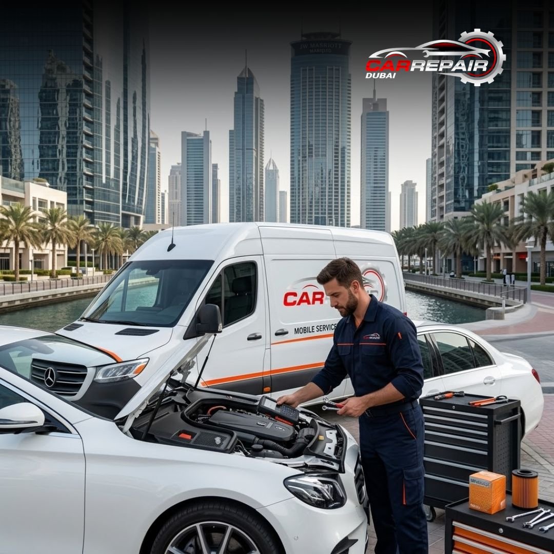 Certified mobile mechanic repairing a vehicle in Dubai Business Bay