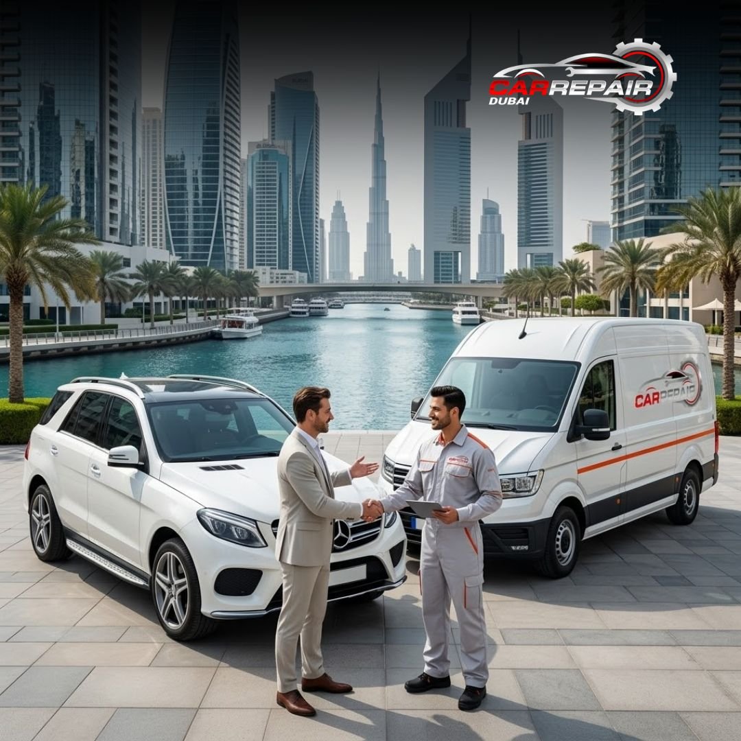 Satisfied customer with certified mobile car repair mechanic in Dubai Business Bay