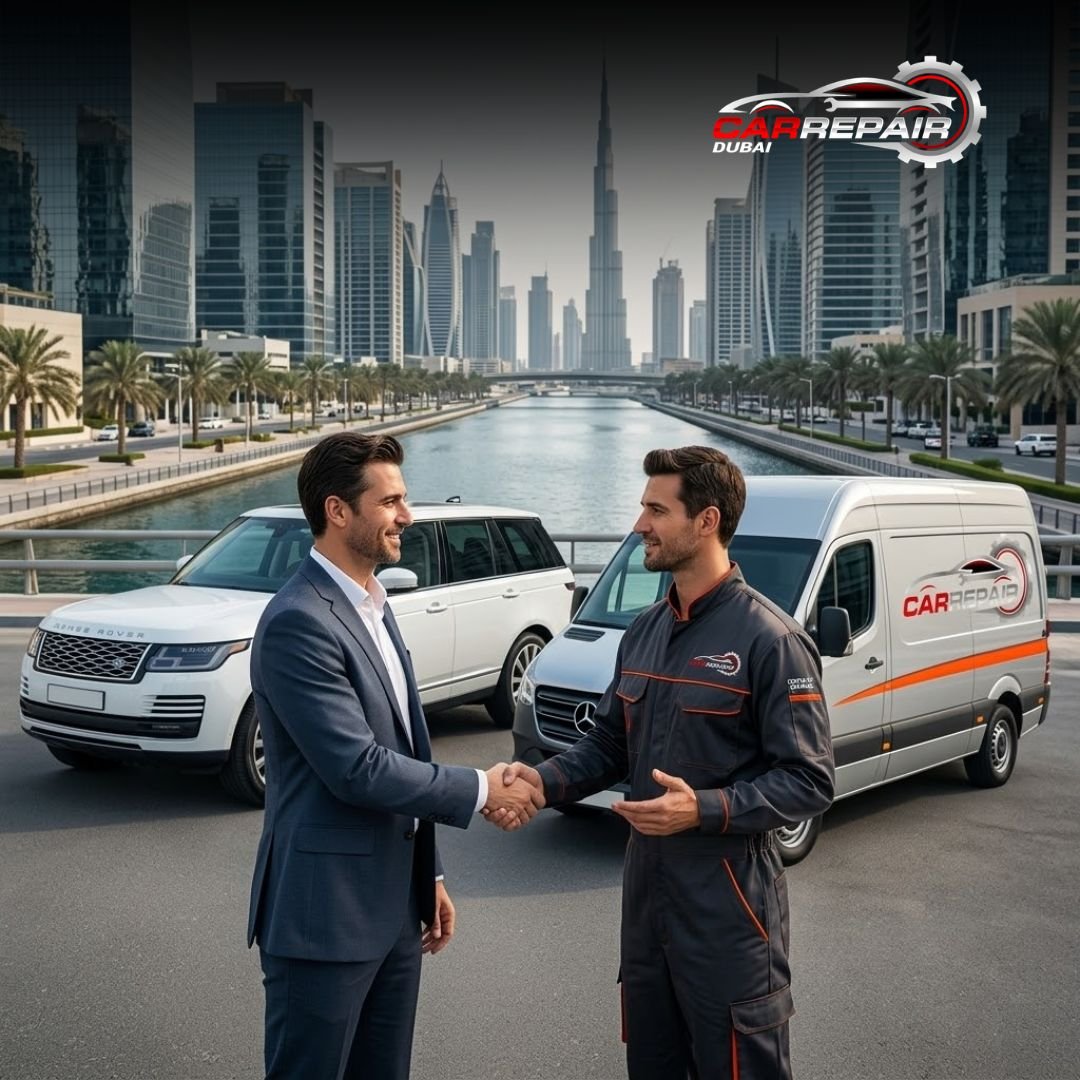 Certified mobile mechanic assisting a satisfied customer in Dubai Business Bay