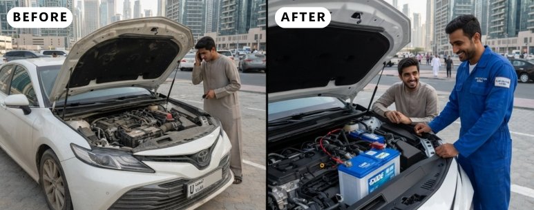 Before and after car battery replacement in Dubai Business Bay