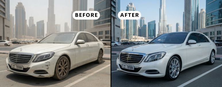 Before and after full body car painting in Dubai Business Bay